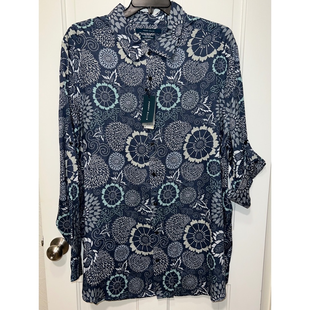 NEW Perry Ellis Mens 3X Blue Floral 100% Linen Untucked Long Sleeve Button Shirt